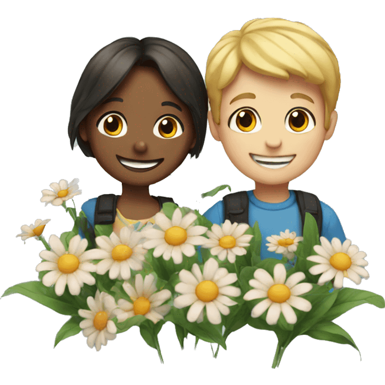 Boy and girl smiling with flowers emoji