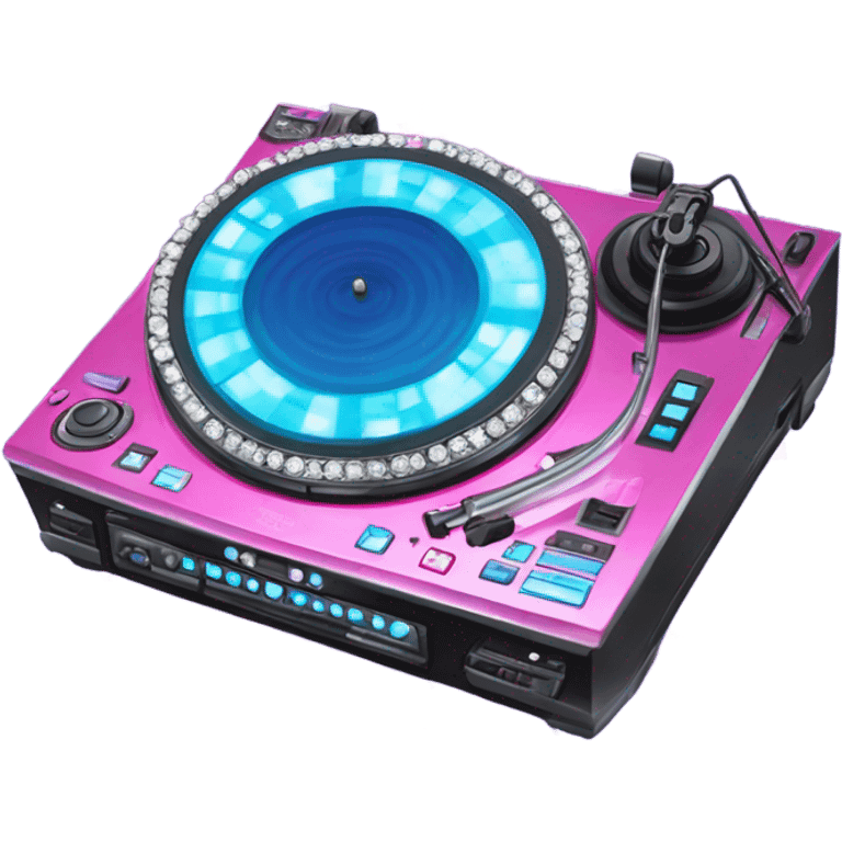 Realistic DJ turntable setup with pink,blue,and purple sparkling diamonds and rhinestones on it. emoji