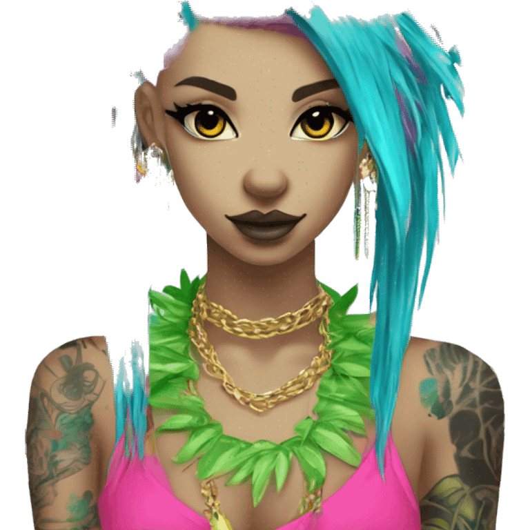 Punk tropical palm leaves flowers Chinese crested dog neon rainbow cyan blue lime green pink hair gold chain punk piercings tattoos punk ear piercings emoji