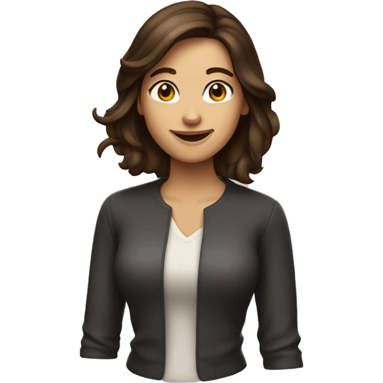 brunette woman, shoulder-length brown hair, pretty smile, apple emojis style emoji