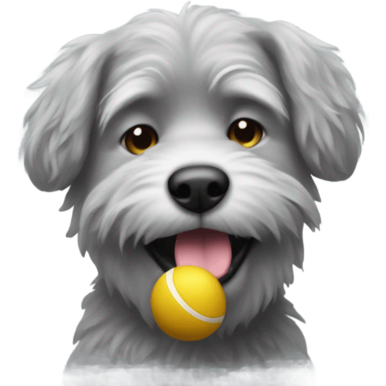 Realistic fluffy grey old dog with ball in mouth emoji