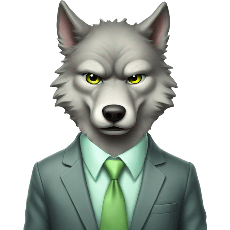 Portrait of Big Bad Angry Wolf with a human-like face wears a sleek jacket light grey and a pastel green tie like a salesman and eyes color matching the tie emoji