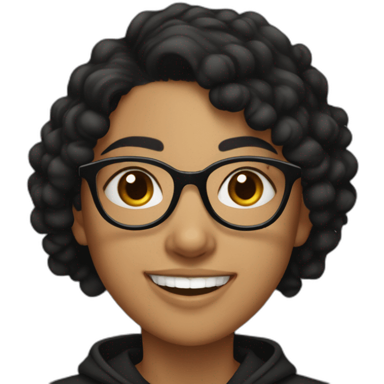 smiling teenage indian girl with glasses with black curly hair wearing a black hoodie with no zipper emoji