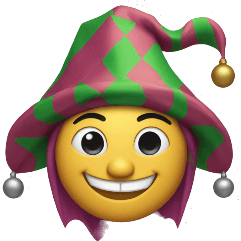 Minimalist emoji of a jester: round face, cheerful, wearing a classic three-point jester hat with bells emoji