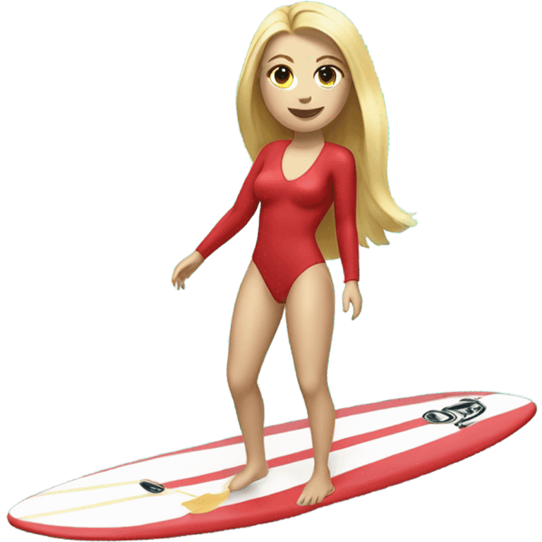 A young women with blond hair a red long sleeve and red bikini bottoms surfing on a turquoise surfboard with a white line on the surf board emoji