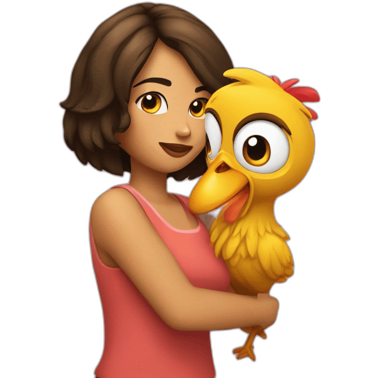 Chica morena y una gallina juntas emoji