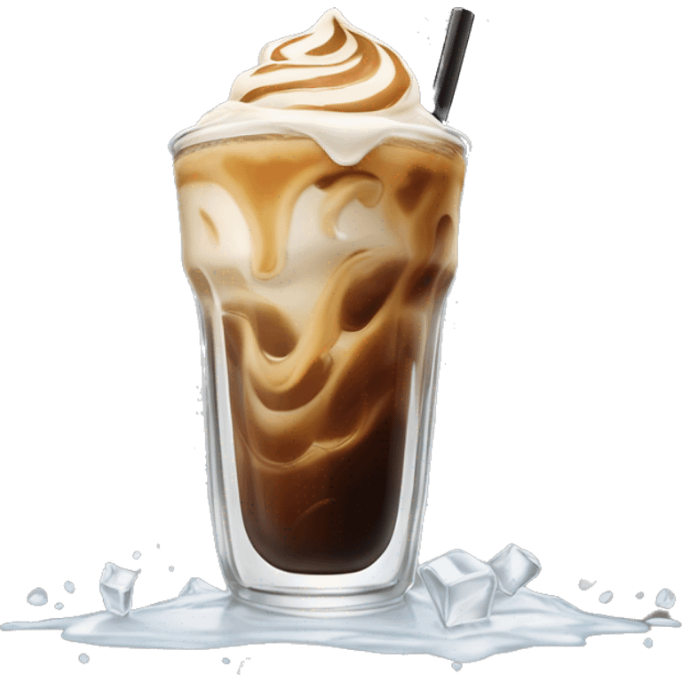 iced coffee drink with creamer in a clear glass with a swirl of creamer mixing in with ice cubes floating all through the drink  emoji