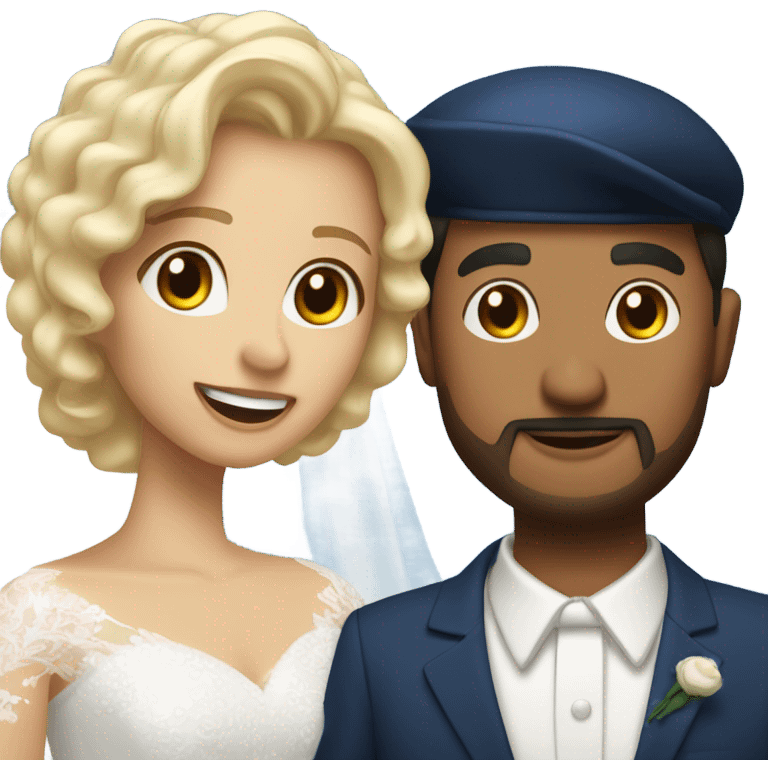 Puerto rican beard short hair with blue hat and navy blue suit getting Married with blond long hair girl with white  wedding dress  emoji