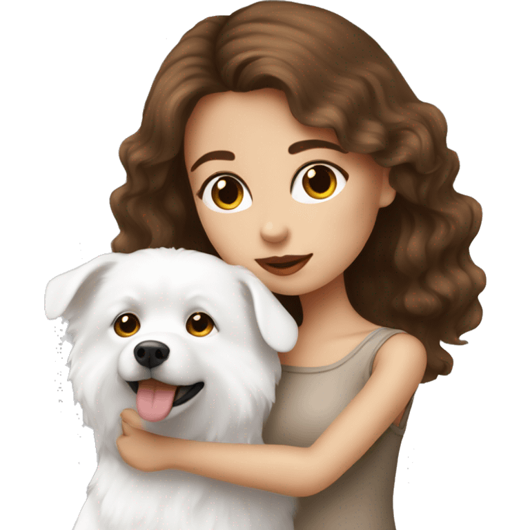 beautiful girl with brown hair kissing her white spitz dog emoji