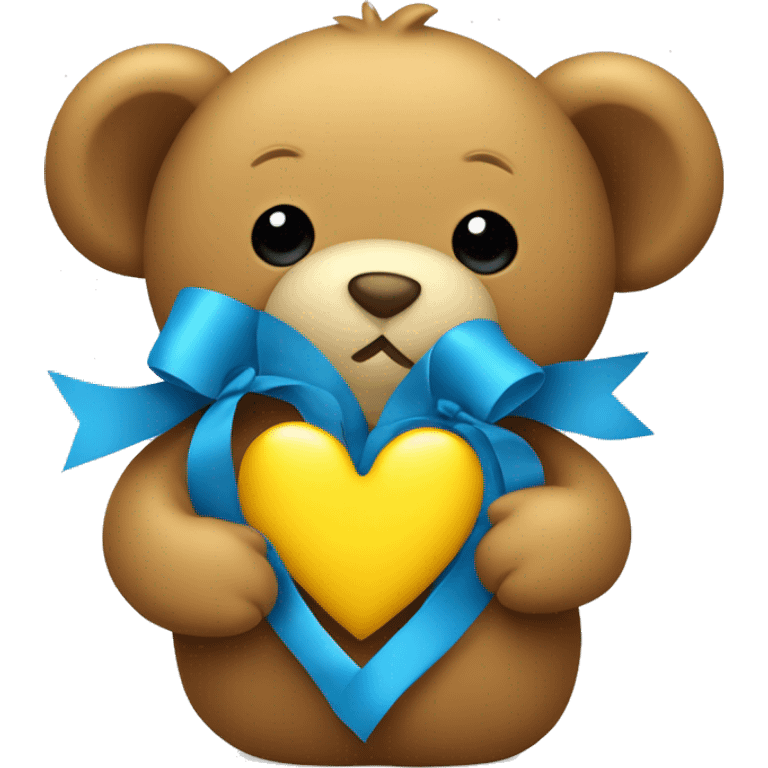 teddy bear hugging a yellow heart and the heart has a blue bow on it emoji