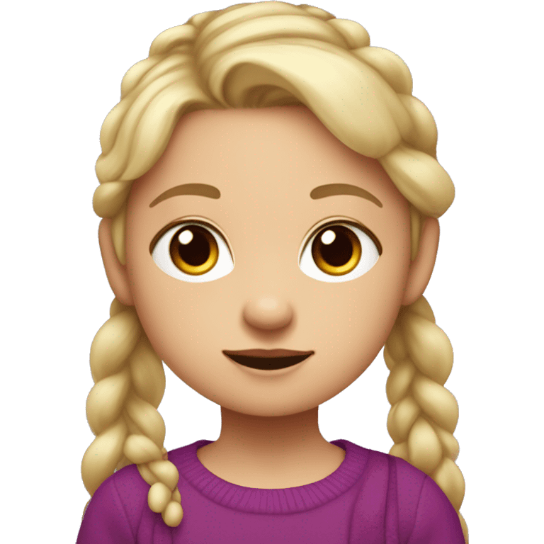 
A little blonde girl with pigtails and little purple bows wearing a red long sleeved shirt and a purple jumper emoji