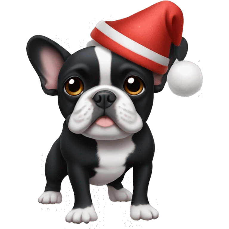 an all-black French bulldog with a white breast in a festive hat emoji