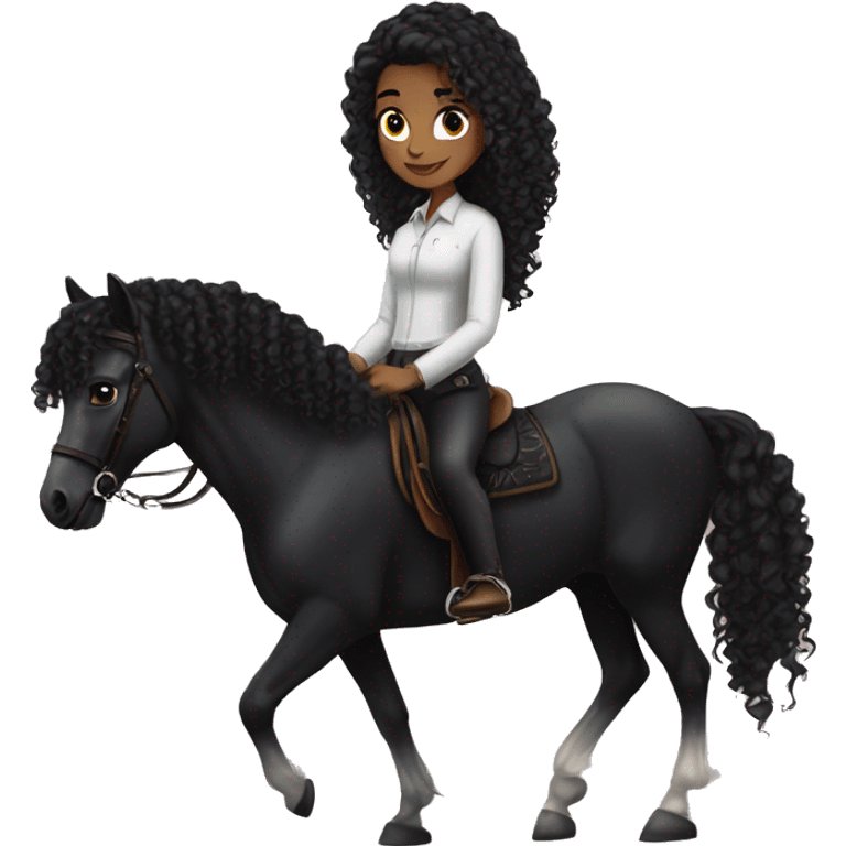 White girl, long black curly hair, next to a black Arabian horse emoji