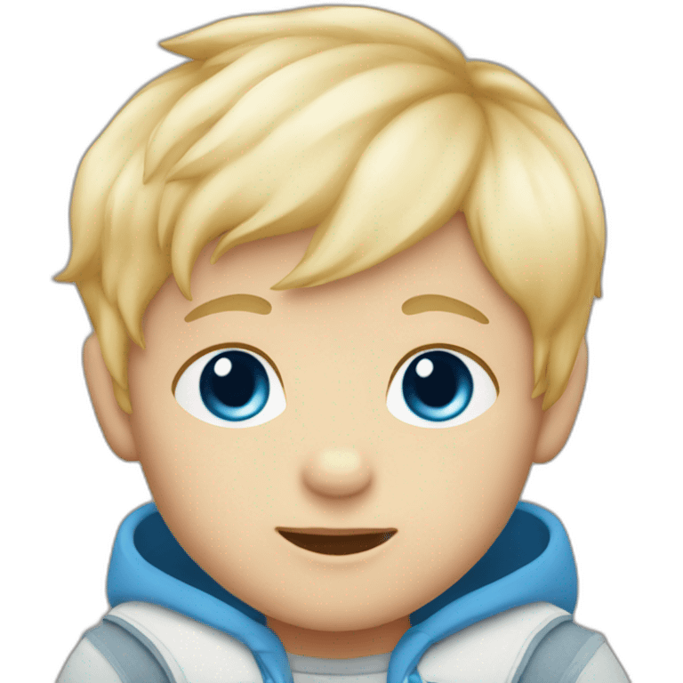 Baby boy with blond hair and blue eyes and a fox plush emoji