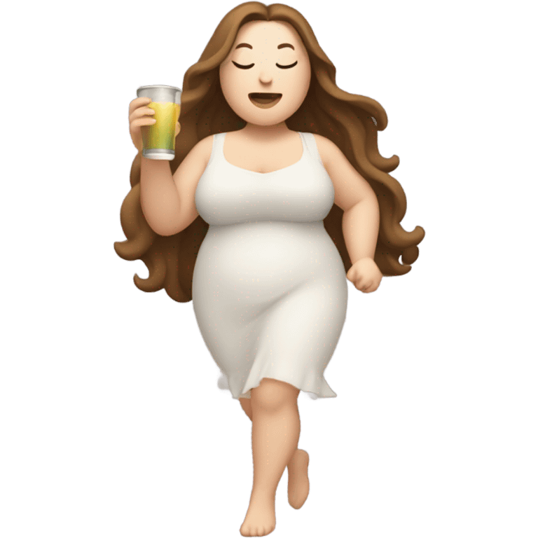 Chubby pale Woman with long brown hair dancing with drink with eyes closed emoji