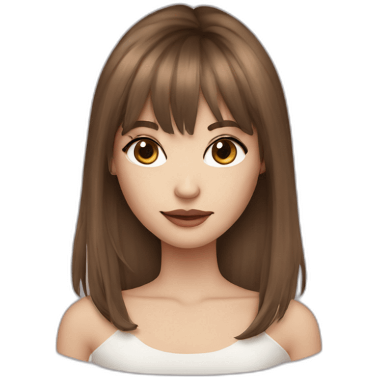 long brown hair skinny girl with curtain bangs, thin face and makeup from head to chest emoji