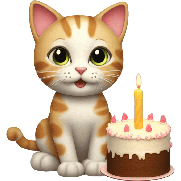 a cute little cat with a cake and candles to say hello. emoji