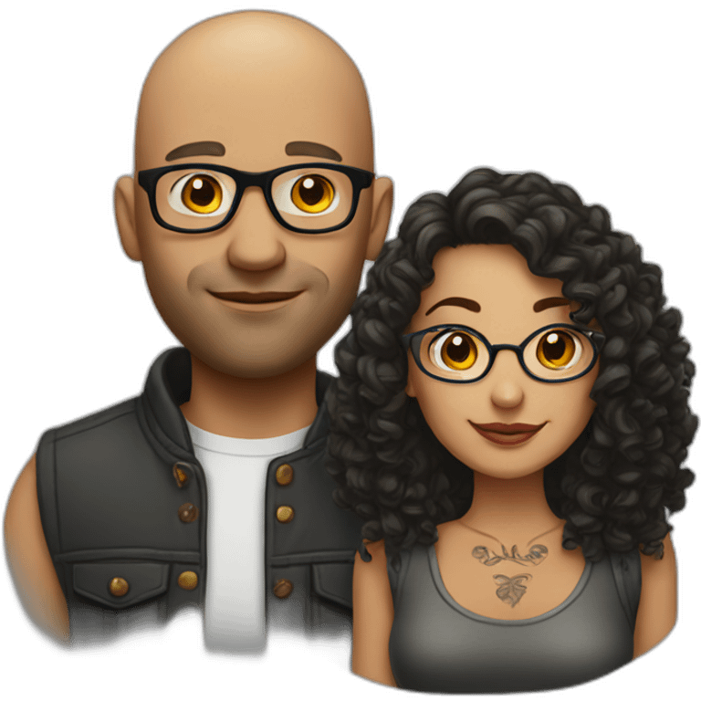 Bald man with tattoos. And Young curly-haired lady wearing glasses emoji