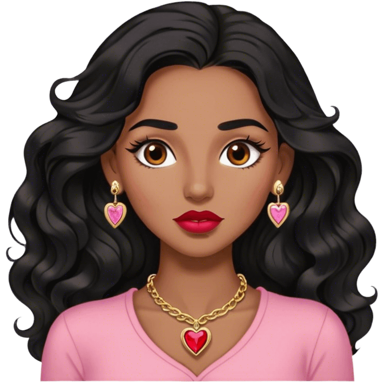 Woman,Medium brown skin,super long black wavy hair, medium brown arched eyebrows, full lashes, red nude lips, diamond stud earrings, gold heart locket, pink shirt emoji