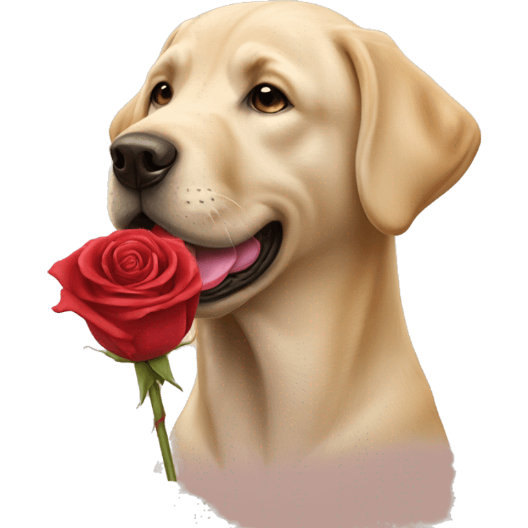 Old Labrador Retriever holding a rose in its mouth. emoji