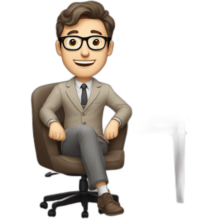 Joyful Pale skinned Fit Man With dark brown hair in gray jacket, beige office shirt, Brown pants and vintage glasses sitting In a soft chair. His thrumbs up emoji