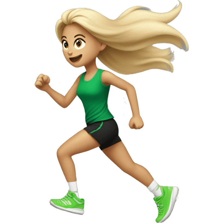 Girl with blond tail, in green sneakers, in black top and shorts running emoji