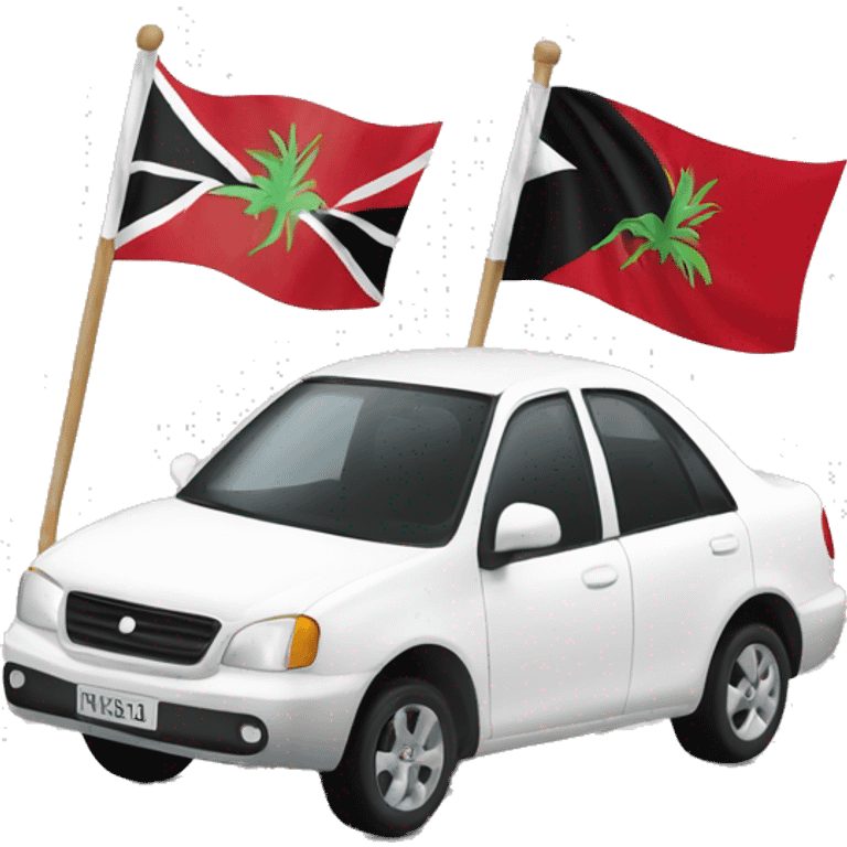 A tall man white man with a Trinidad flag behind him & another man driving a white car emoji