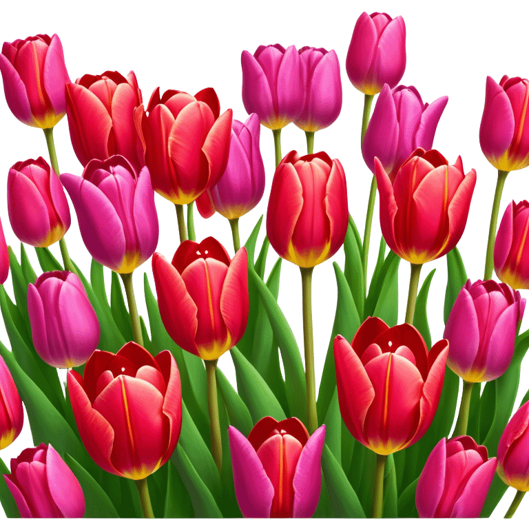 Tulips – Cinematic Realistic Tulips, depicted as a vibrant field of blooming tulips in brilliant hues, each delicate petal catching dewdrops under soft, natural spring light, rendered with detailed textures and a dreamy, picturesque glow. emoji