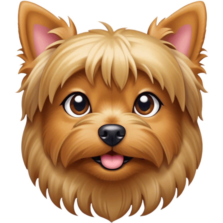 Cinematic Cute Yorkshire Terrier Portrait Emoji, Head perked with bright, twinkling eyes and a perky expression, showcasing a soft, silky fur in rich hues, simplified yet adorably detailed, glowing with a cheerful, inviting glow, high shine, exuding playful intelligence and spunky charm, styled with a gentle, whimsical outline, capturing the essence of a cute Yorkshire Terrier that appears ready to frolic off the screen with irresistible energy! emoji