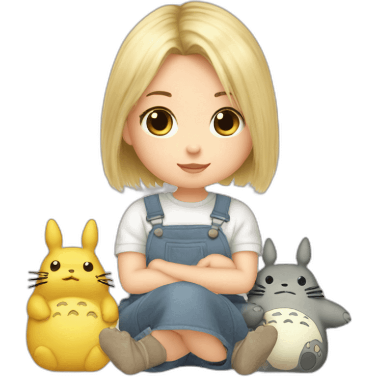 bébé fille blonde décoiffée assise avec une peluche Totoro  emoji