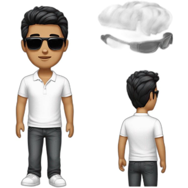 A young man,  who looks like bisnessman, wears white polo t-shirt and luxury watches. Black hair, white skin. Wears raybans. create few exemples  emoji