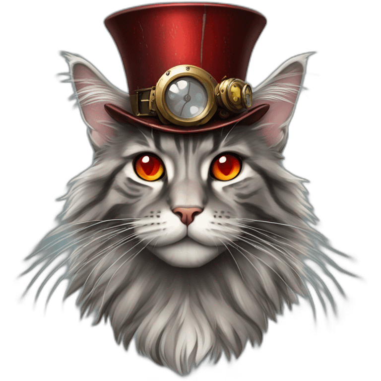 a grey tabby maine coon with red eyes wearing a steampunk hat emoji