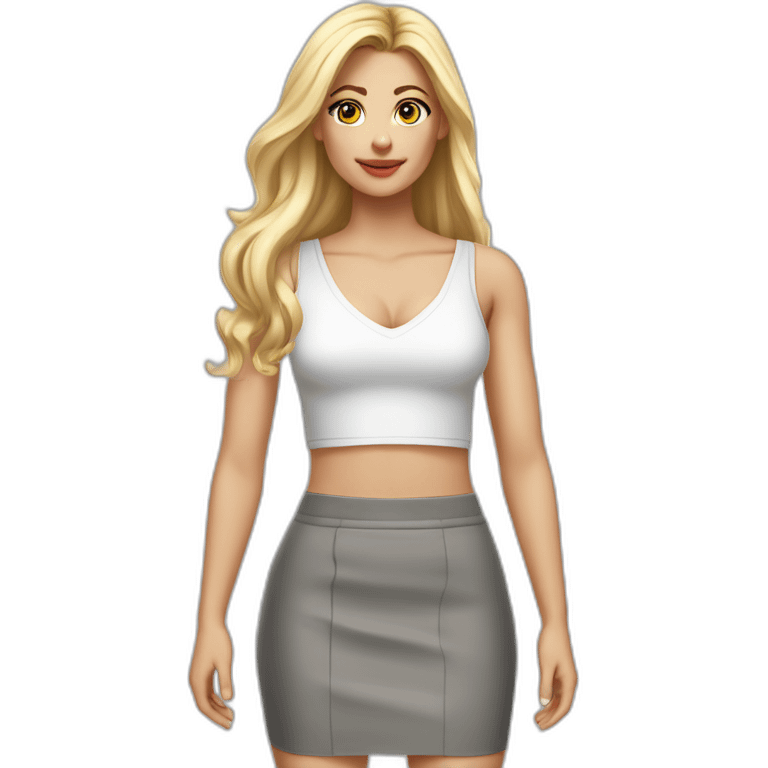 hyperrealistic caucasian blonde, long straight hair, white deep v-neck crop tanktop, gray tight mini skirt emoji