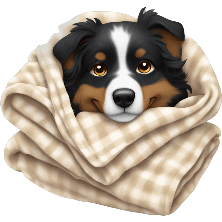 Small black australian shepherd dog sleeping with blanket  emoji