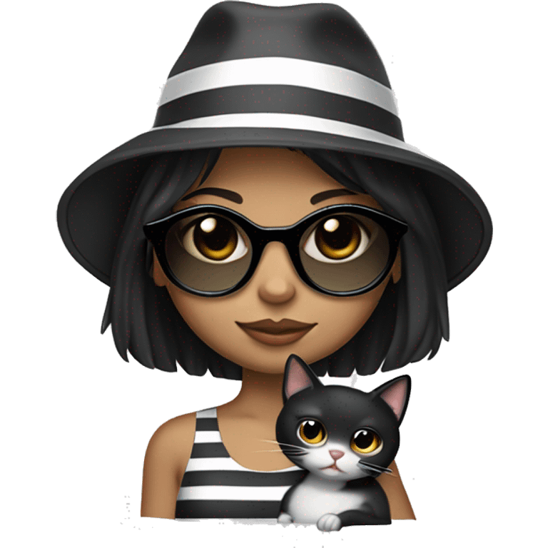 Girl with black hair, white complexion, wearing a black summer hat and round clear glass sunglasses, carrying a striped gray cat. emoji