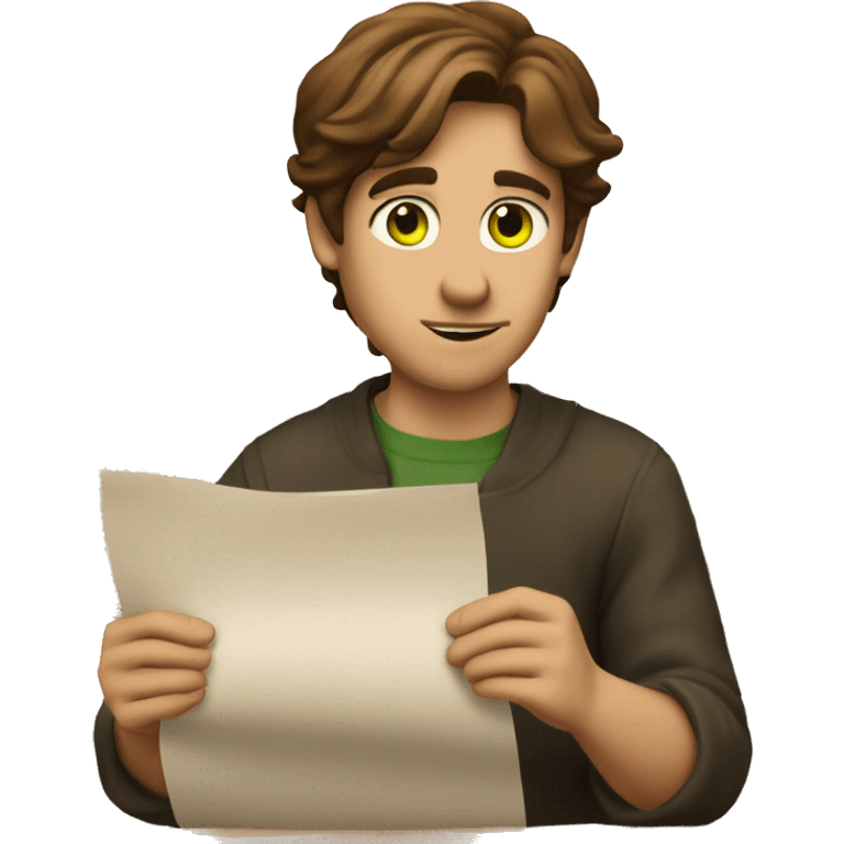 a light-skinned green-eyed man with brown hair sitting in front of the paper scroll  emoji