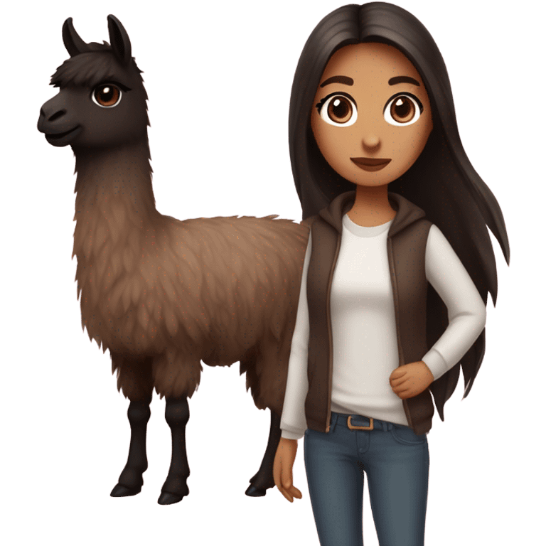 dark brown haired girl with dark brown eyes with llamas emoji