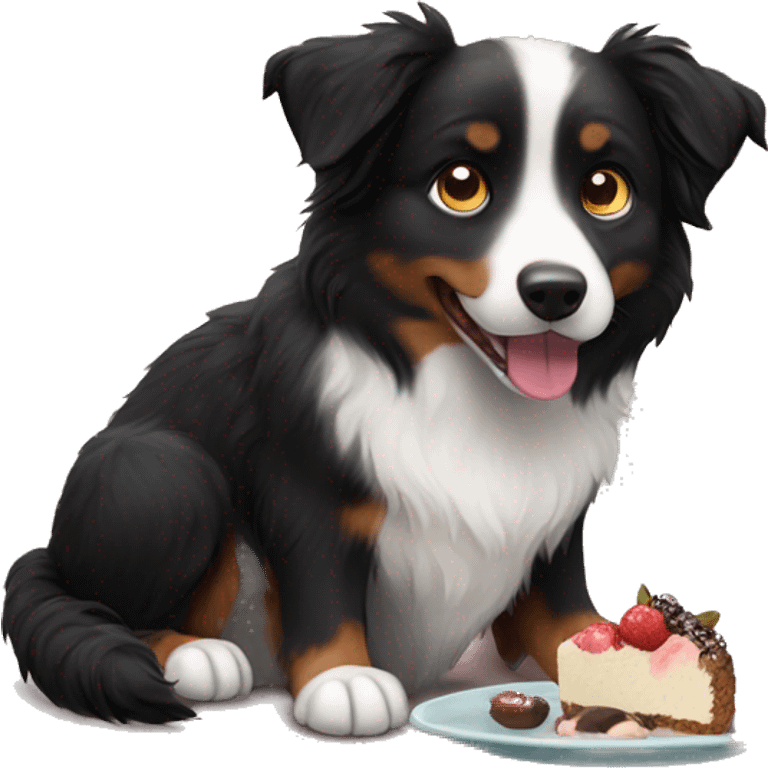 Small black australian shepherd dog eating dessert  emoji