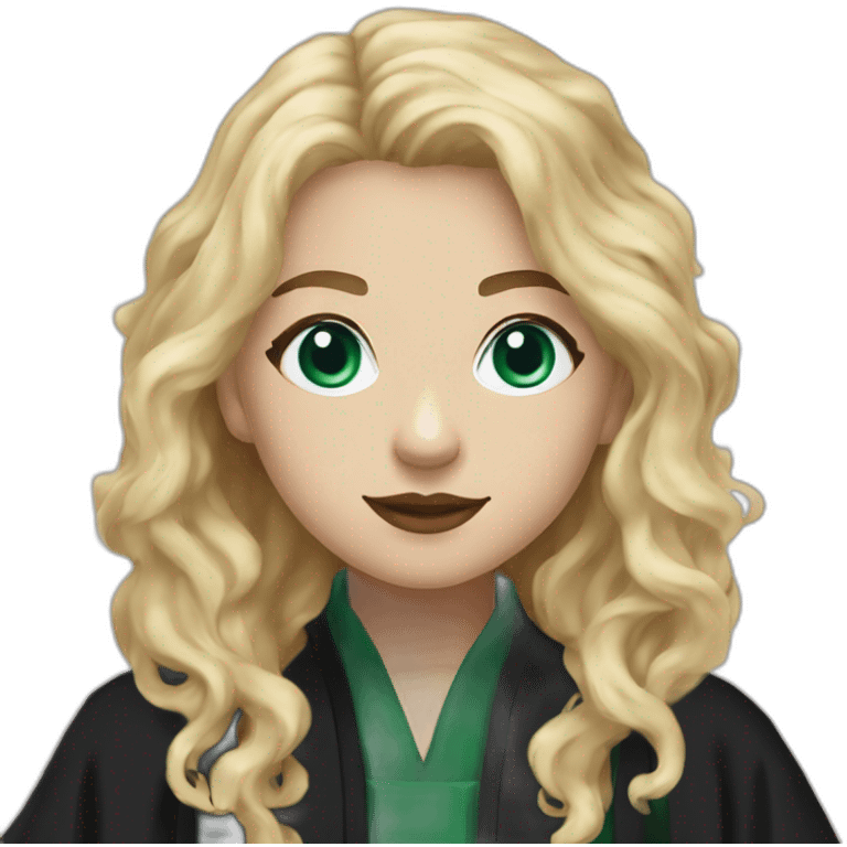 Girl Blue eyes black Slytherin robes with short wavy ash blonde hair eating chips and cheese hogwarts robe emoji