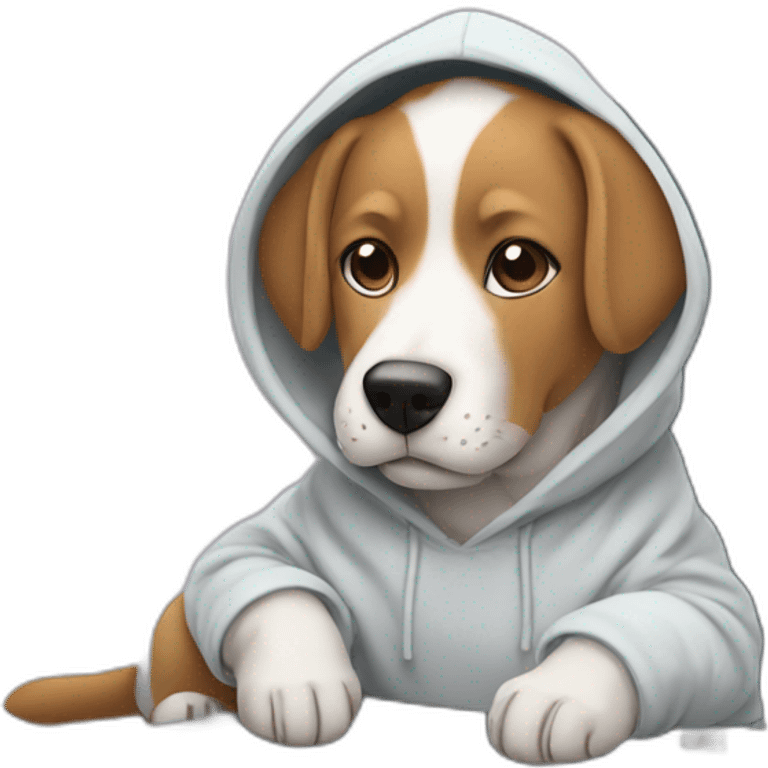 Sideways Dog with hoodie programming with paws on a laptop emoji