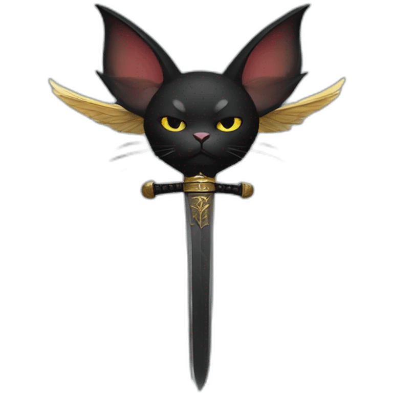 black cat with bad face, big wings, a samurai sword, dressed like a king emoji