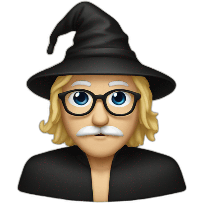 A man with blond hair and a mustache, wearing a black squared shaped eye glasses, wizard hat, black  robe emoji