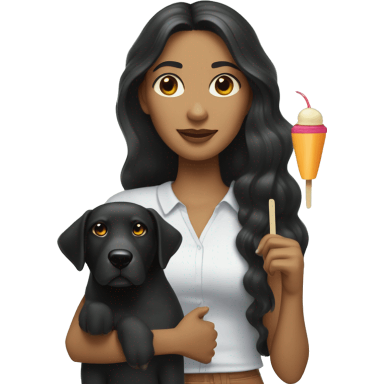 A white woman with long wavy black hair, brown eyes, holding a black dog and a mango flavored ice popsicle in the other hand  and a telephone under her ear emoji