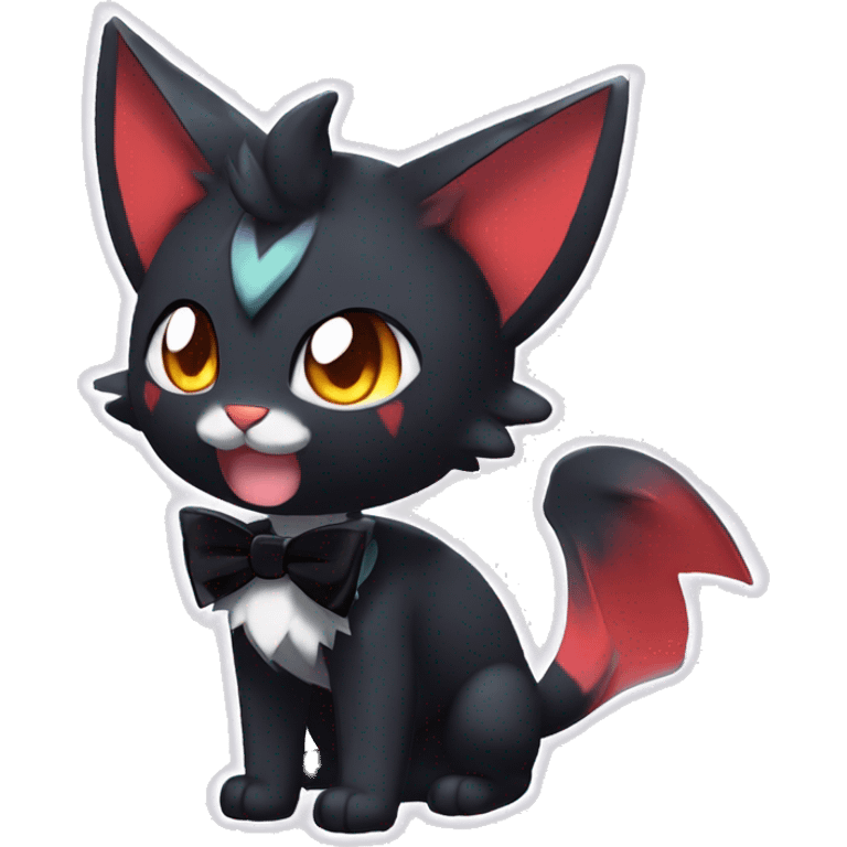 Shiny Dark Cool Shy Edgy Black beautiful ethereal fantasy Kawaii Sona Litten-Fakemon-cat-animal with edgy bat-ears bow tie black emo-mane vtuber model Full Body emoji