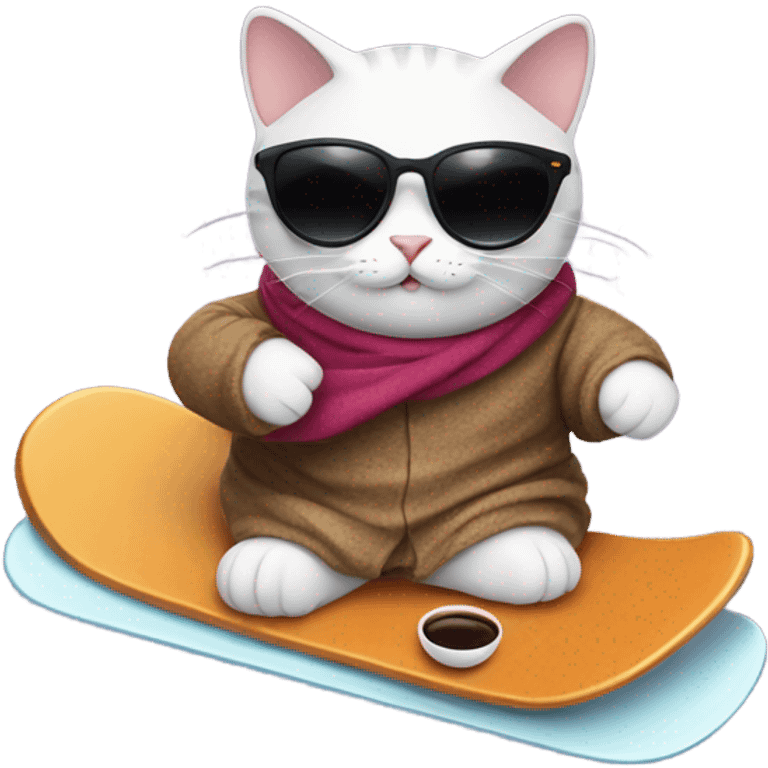 Cat snowboarding with a cup of coffee, sunglasses and a robe  emoji