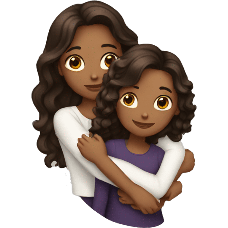 Two dark brown women with long wavy hair bff hugging emoji