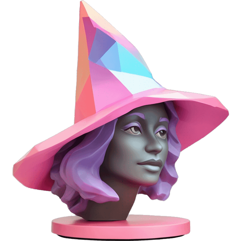 standalone sculpture witch hat is geometric, faceted design, on a hat display. The sculpture is angular and Alphonse Mucha style. The vibrant midtone tints of pastels and pink highlights the sharp edges and planes.  emoji