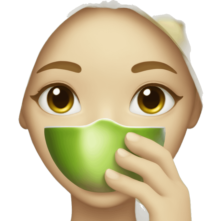 Blonde girl skincare drinking matcha emoji