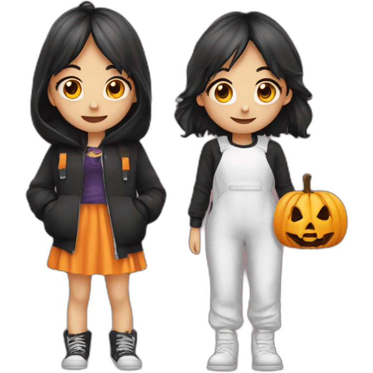 Zwei teenanger Girls an Halloween mit einen jungen emoji