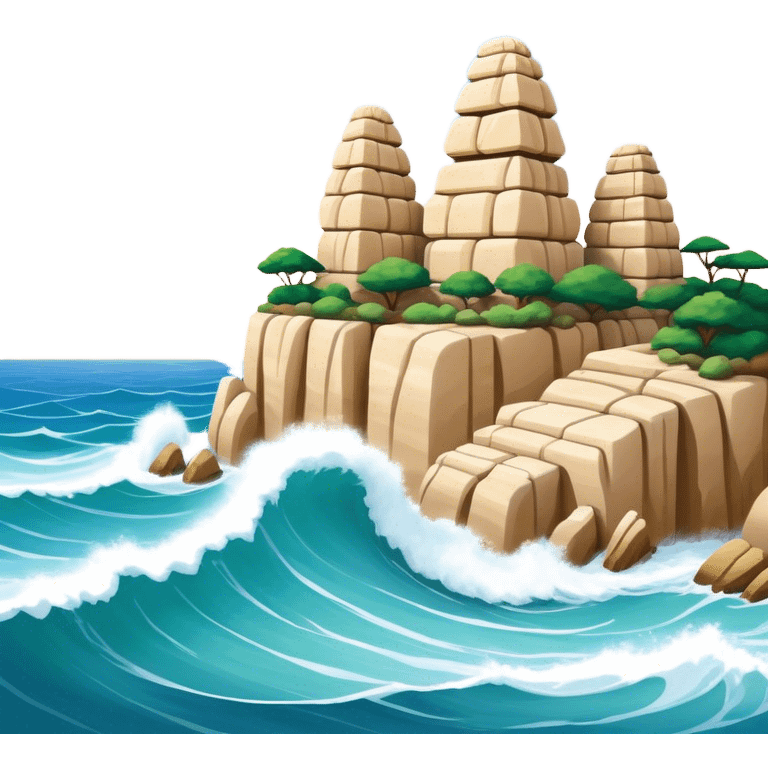 Cinematic Realistic Raouche Rocks, Beirut Landmark Emoji, depicting the majestic limestone rock formations rising from the Mediterranean Sea, with waves crashing against their bases under a vibrant sky. emoji